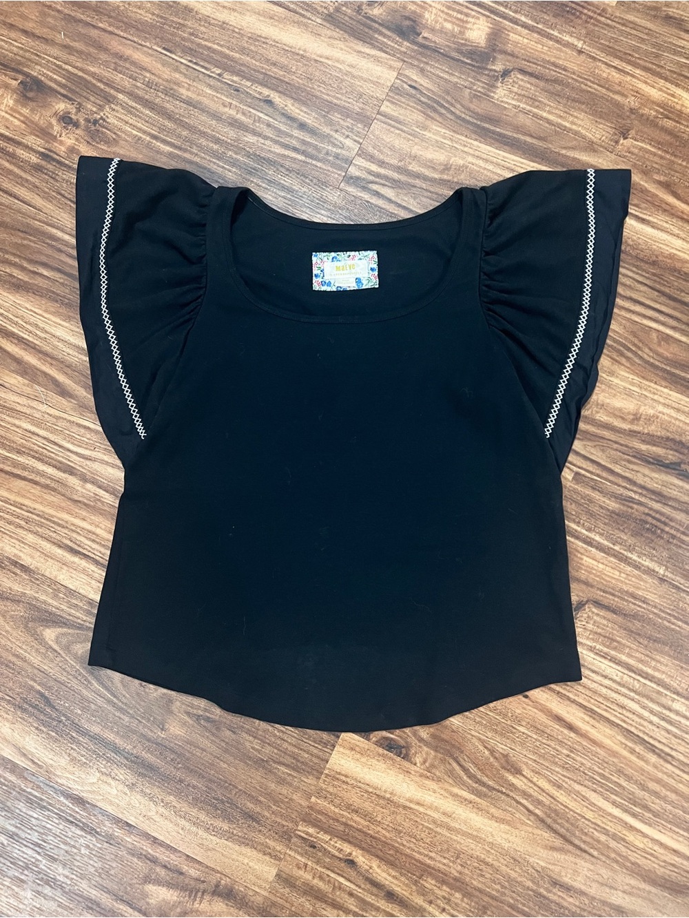 Maeve by Anthropologie Black Short Sleeve Ruffle Tee with Contrast Trim